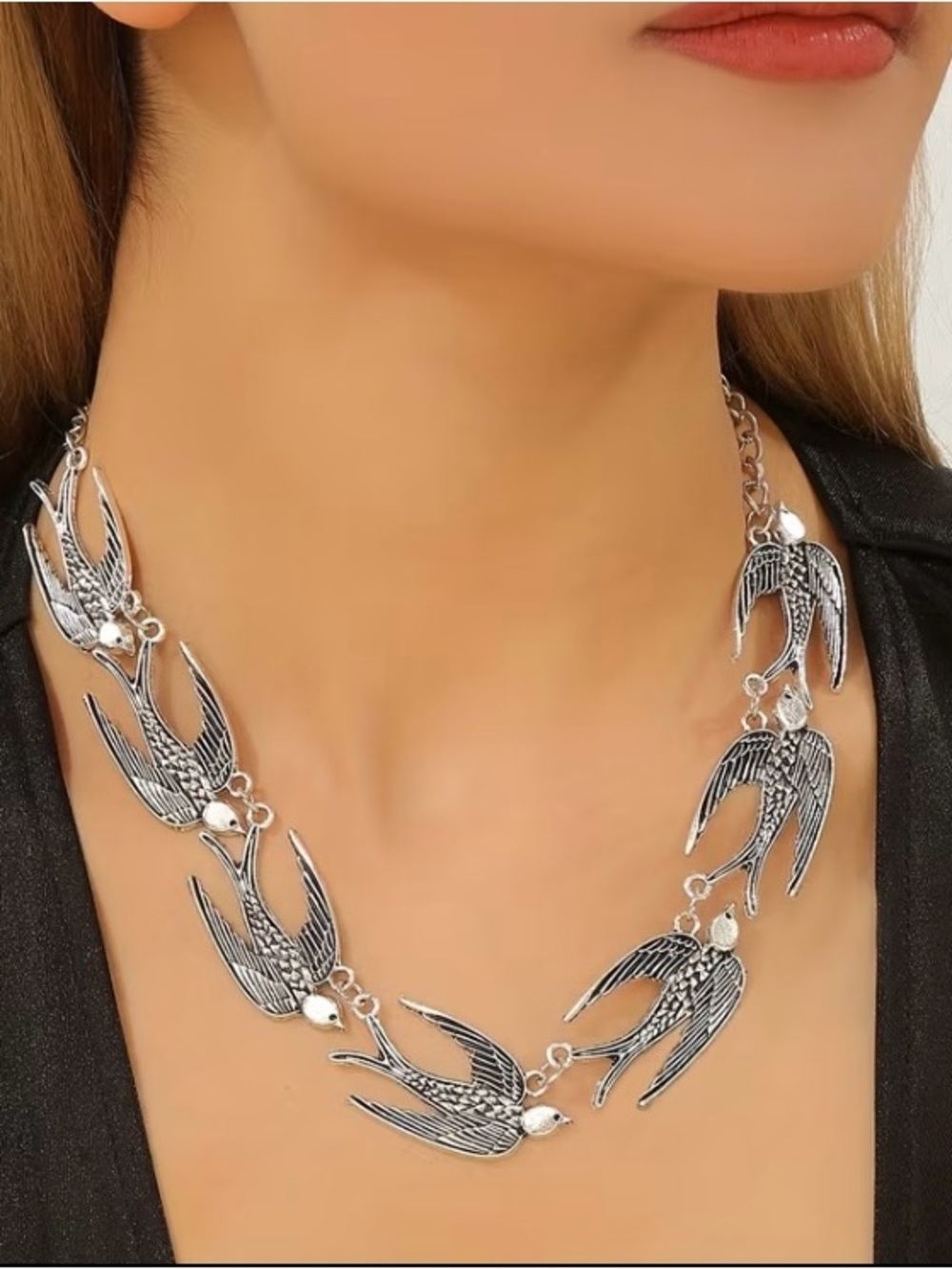 Silver Swallow Link Necklace for Women - Stylish Bird Motif